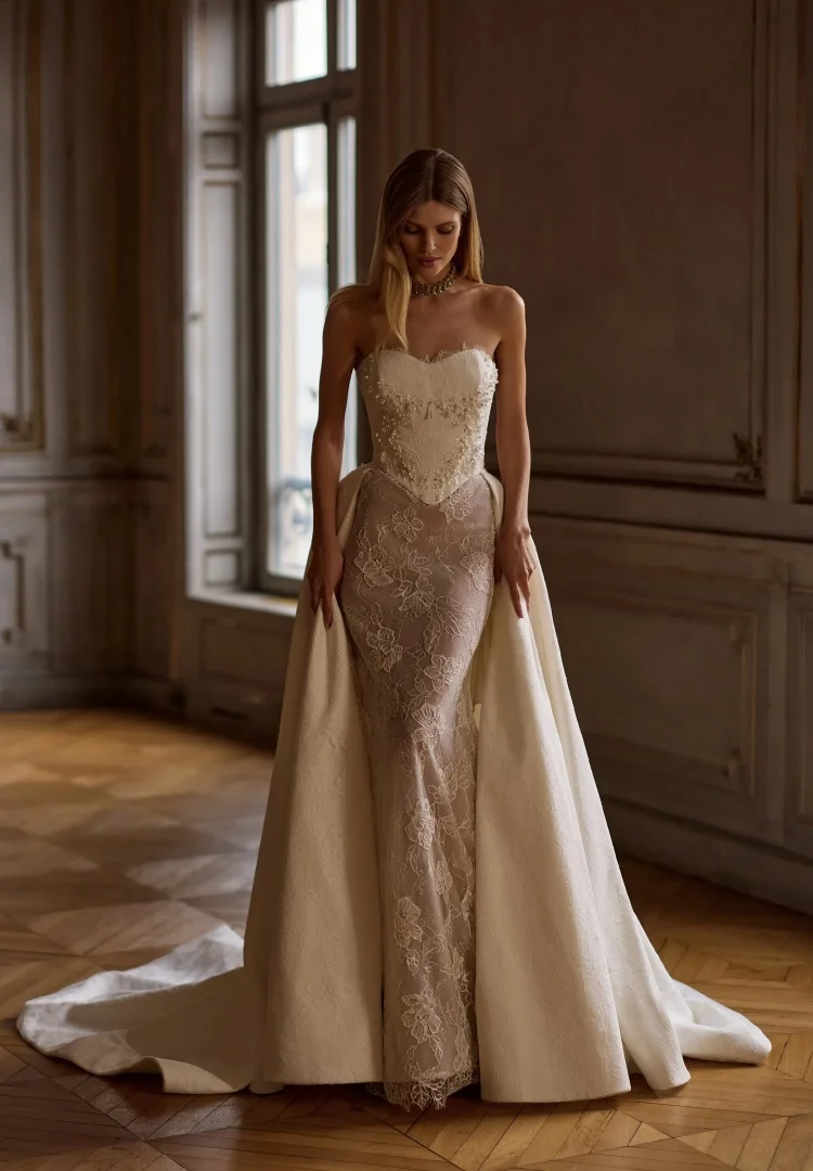 

Lace Wedding Dress Satin A line Vestido De Novia Desmontable Long Sleeve Dresses Minimalista Elegante Vestidos Alta Costura Boda