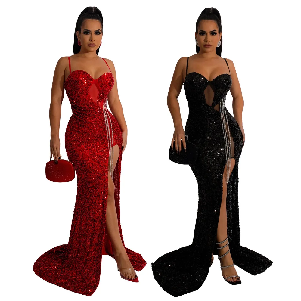 

EINY Y2K Women Sequined Tassel Front Spaghetti Strap Sleeveless High Side Slit Maxi Long Dress 2023 Evening Sexy Party Dresses