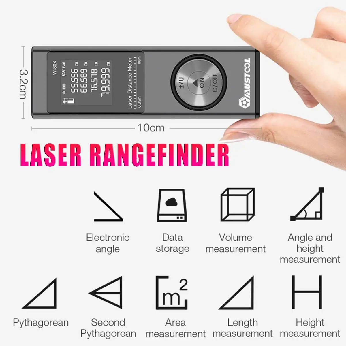 MUSTOOL W-80X 80M Digital Mini Laser Rangefinder Electronic Angle Sensor USB Charging Pythagorean Mode Distance Area Volume