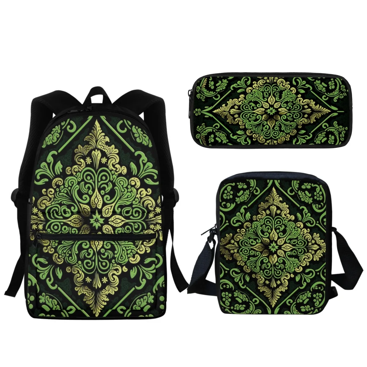 

Green Western Pattern Fashion Student Backpack Creative Geometry Designer Back to School BookBag Lunch Small Satchel Pencil Case