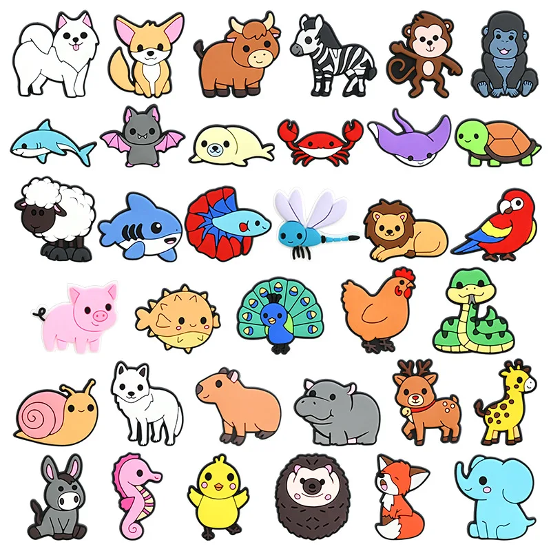 37pcs New Design Cartoon Animal World DIY accessories PVC Praise Shoe charmas clow for clogs Slides Gift Idea Easy to install