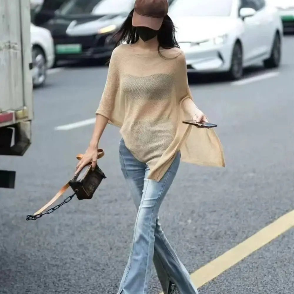 Women Fashion Loose Irregular Cape Shawl Thin Ice Silk Sun Protection Shawls Gifts Knitted Sweater Top