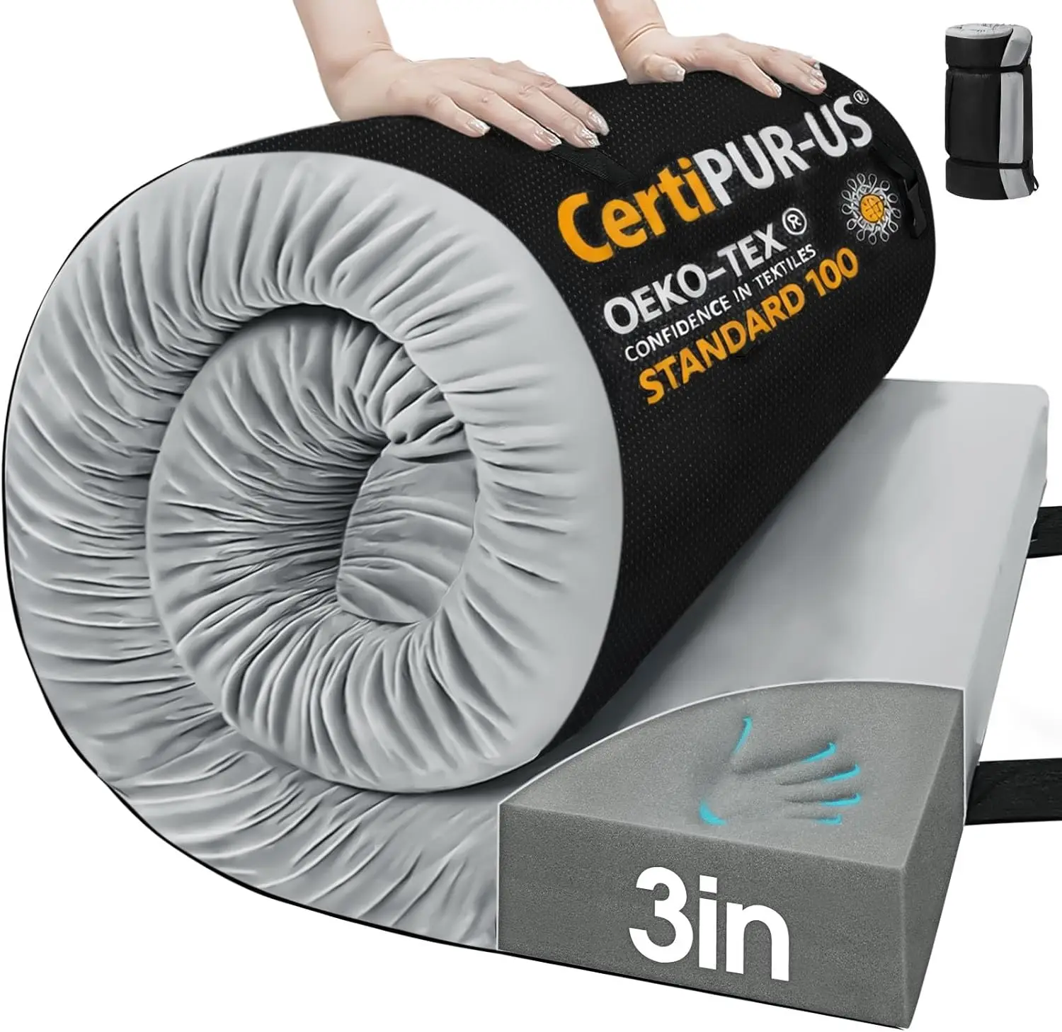 

3" Memory Foam Camping Mattress Pad, Non-Slip Bottom, Portable Roll Up for Travel, Guest Bed, Tent, Truck