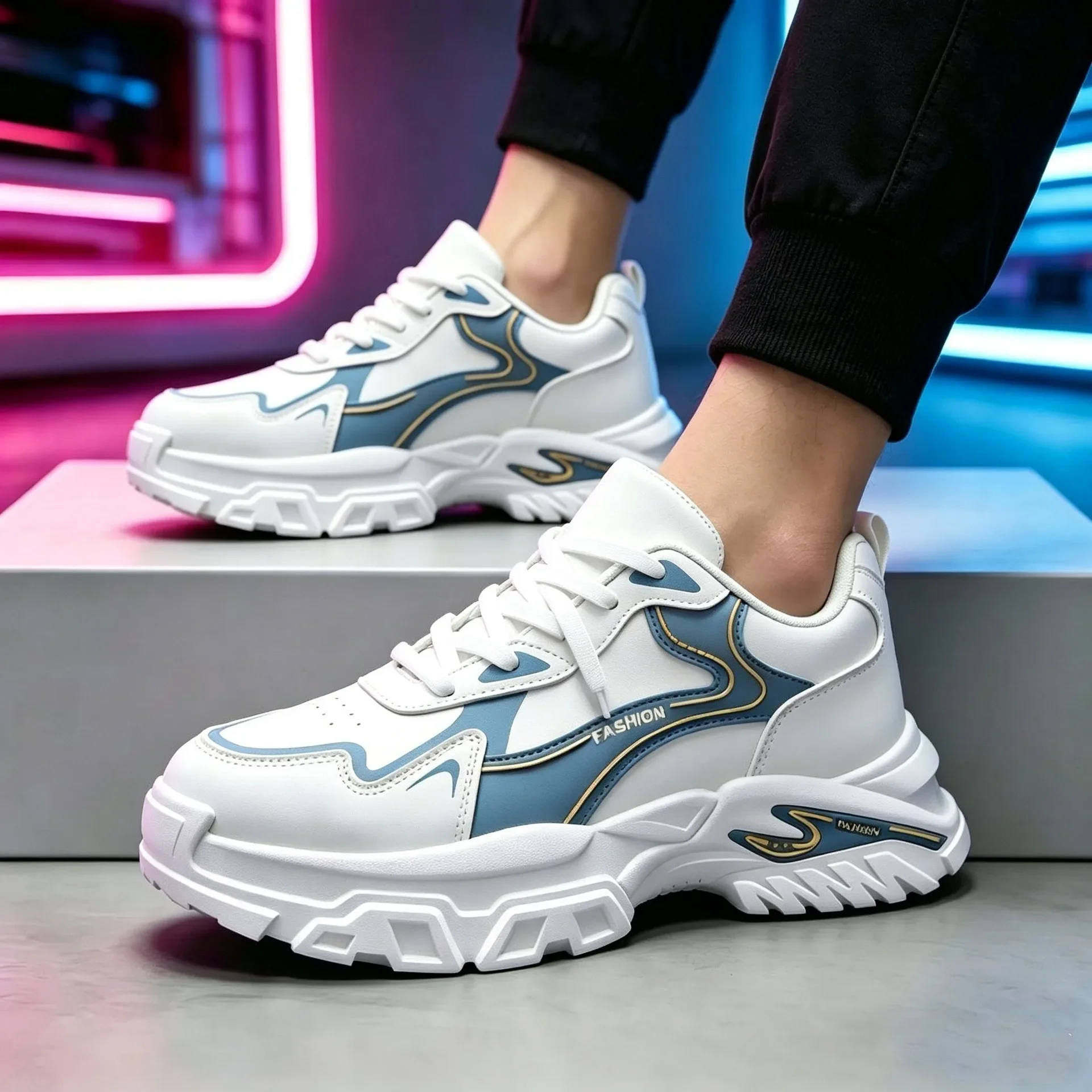 Men's Youth Trendy Chunky Sneakers, Thick Sole Height Increasing Lace-up Shoes, Casual Walking Sneakers for Spring Autumn