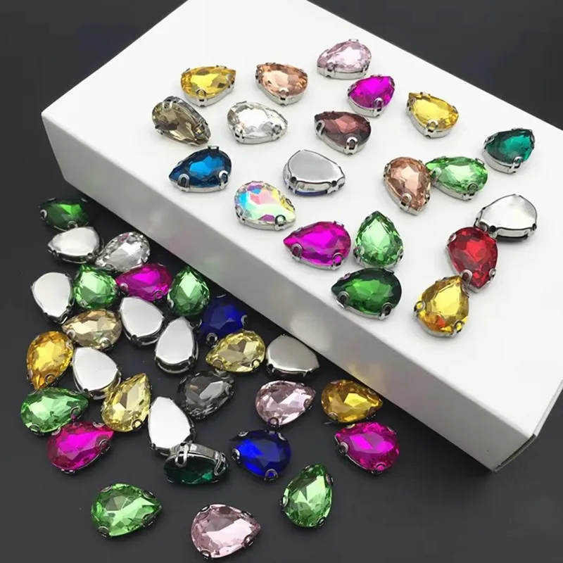 Pear Shape Rhinestone Metal D Claw Teardrop 4-Holes Sew on 7x10mm-20x30mm for Needlework Wedding Dress Bag Trims