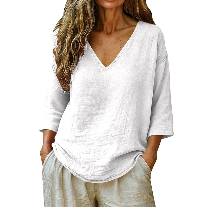 Women V Neck Seven Quarter Sleeve T Shirts Casual Loose Fit Slimming Tops Daily Wear Versatile Comfortable Blouses For Spring Su view 6