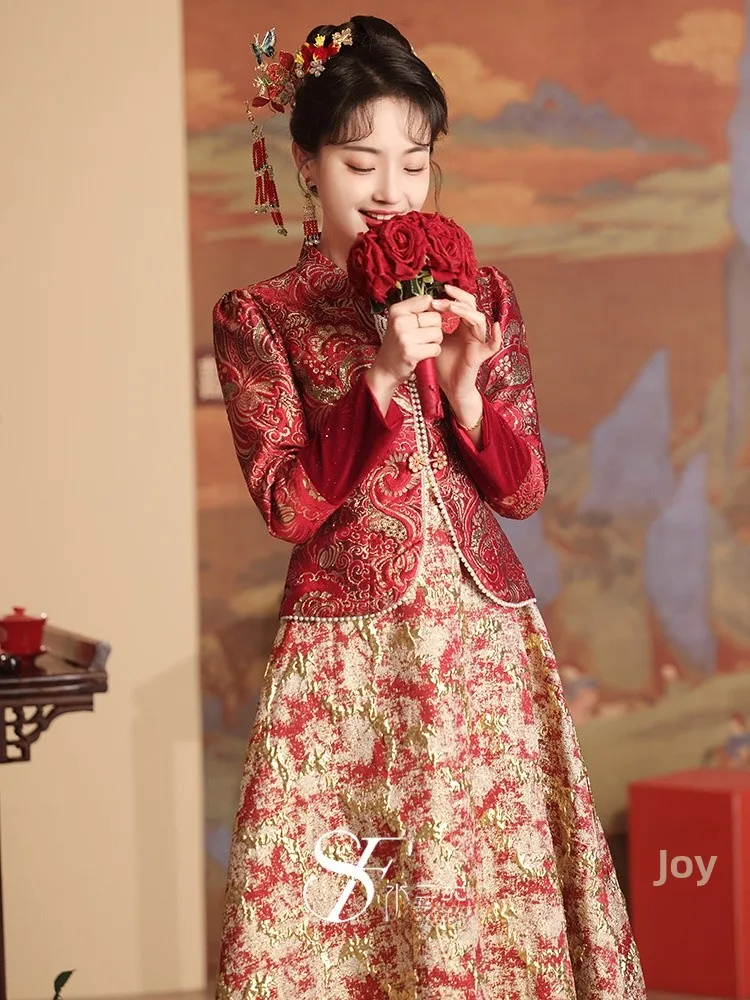 

Новое осенне-зимнее китайское винтажное свадебное платье с длинными рукавами для торжественных мероприятий и вечерних выходов для женщин