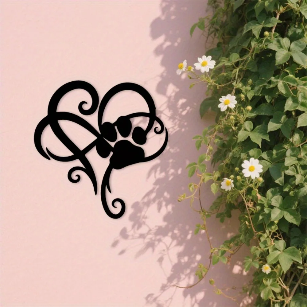 1pc Black Paw Print Infinity Heart Metal Wall Art - Durable Pet Memorial Decor for Dog Lovers Indoor Outdoor Home Decor Sy
