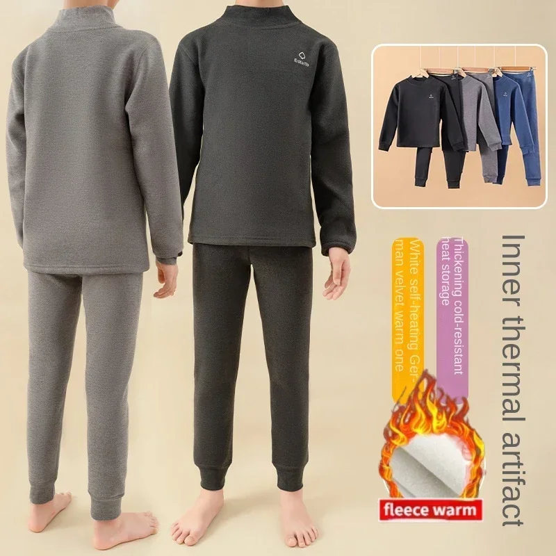 Kids Velvet Thermal Underwear Set Fleece Lined Warm Pajamas 6 To 14 Year Thicken Cozy Soft Home Loungewear for Boys Girls Winter