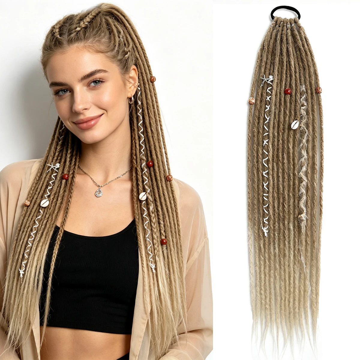 Goddess Locs Ponytail Hair Tie Synthetic Long Dreadlock Braids Hair Extensions With Shell Wooden Beads Bohemian For Women