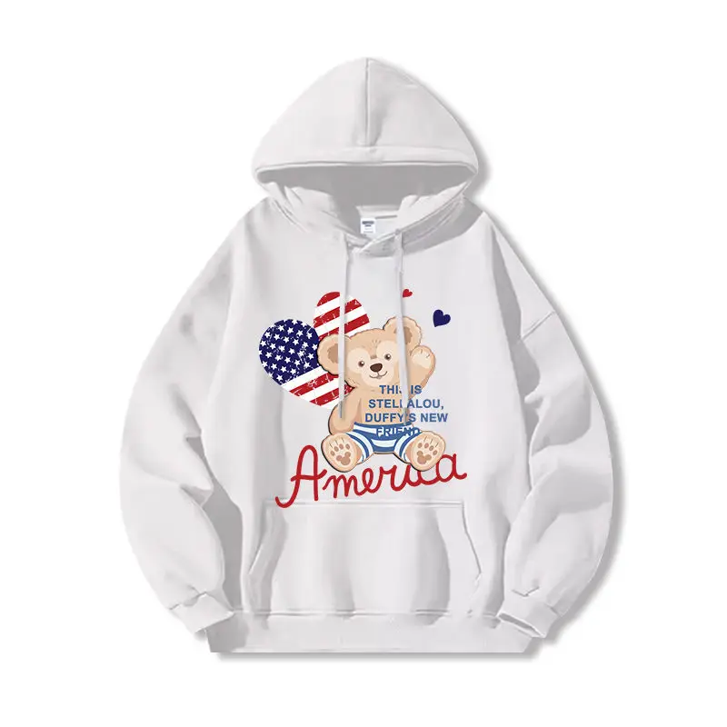 

Толстовка с капюшоном Disney Duffy, женский хлопковый флисовый пуловер, весна-лето 2022, толстовка с рисунком, черная основа, бежевый медведь, синий, белый, в полоску