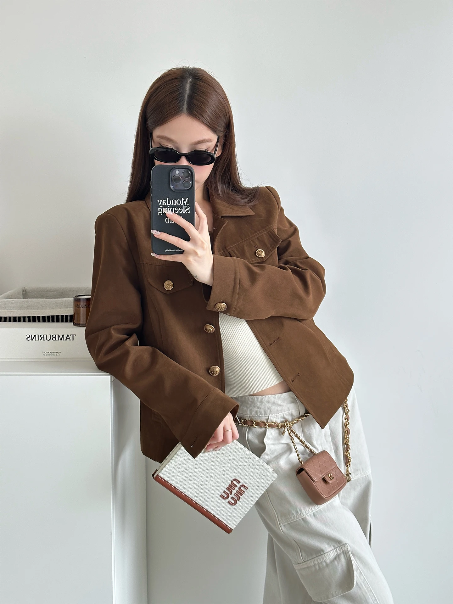 

Jennie's Rule Brown Slim Fit Workwear Jaet Collar up Autumn New Arrival Ladies Faion Polyester Long Sve Button Closure