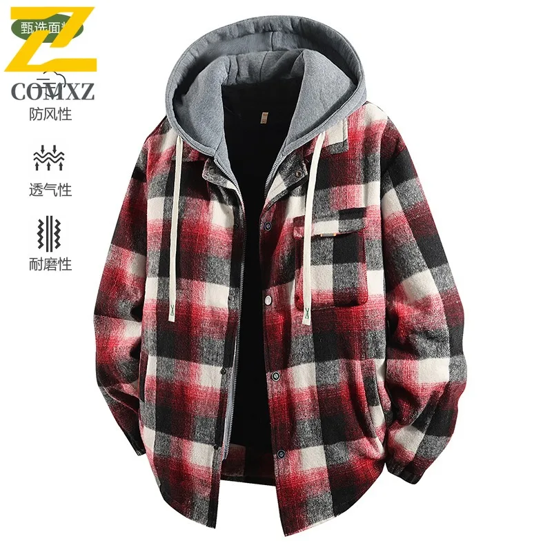 

COMXZ 2025 M 8XL Plus Size Jacket Men 3D Pattern High Conversion Fake Two Piece Hooded Plaid Shirt Coat Couple