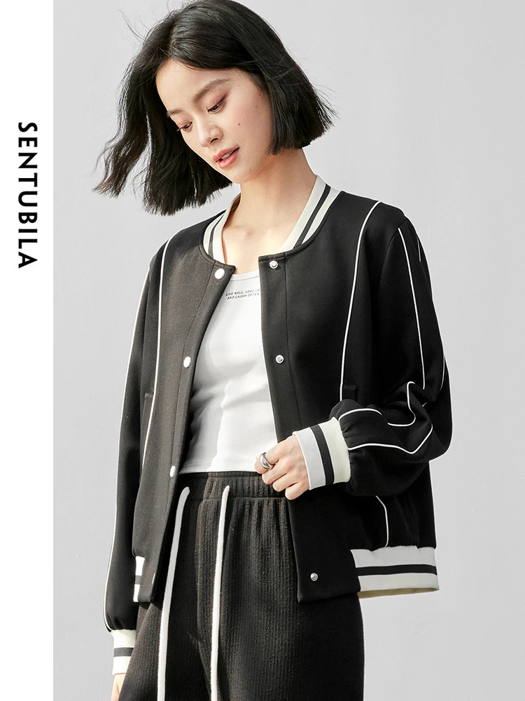 SENTUBILA Women Sporty Cotton Baseball Jackets   2024 Autumn Casual Loose Patchwork Single Breasted  Coat 143W55948