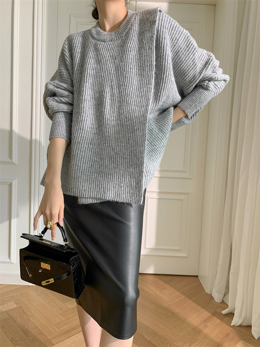 Split Wool Mohair Characteristic Pure Color Bat Sleeve Head Clothes Loose women's Sweater Thick Round Neck Casual Off White Top