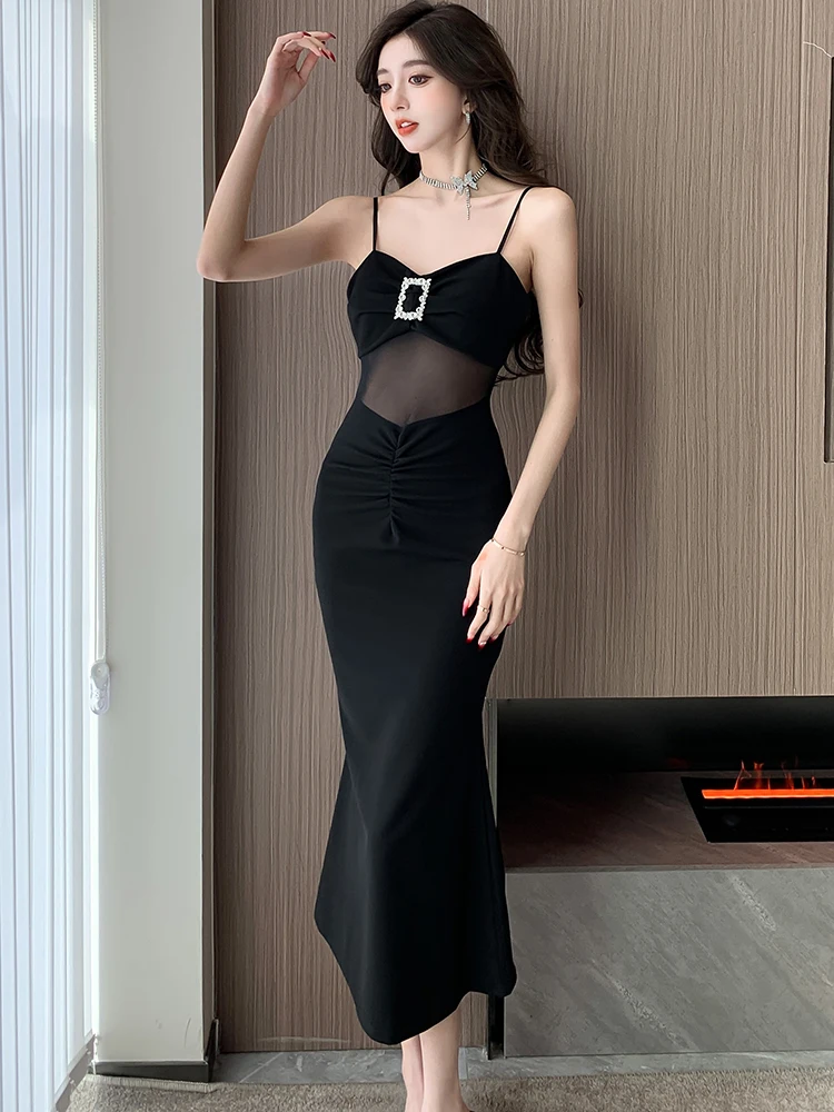 2024 Black Patchwork Mesh Sheer Sexy Club Dress Women Luxury Elegant Sling Dress Spring Summer Korean Vintage Evening Dress Gown