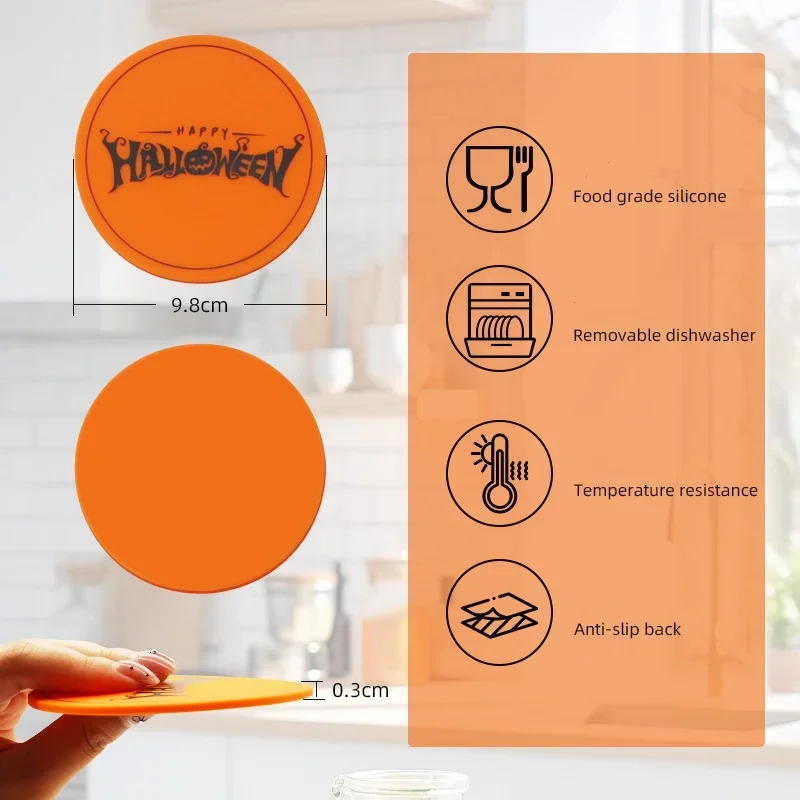 Halloween Silicone Coasters Orange Creative Bat Witch Pumpkin Coaster Desktop Non-slip Heat Insulation Mat Kitchen Supplies