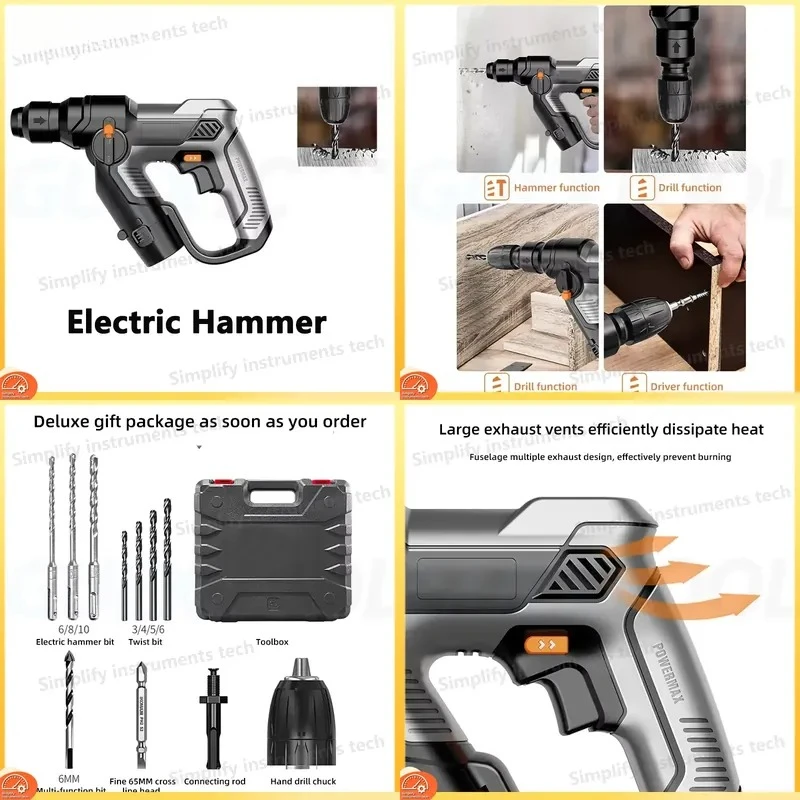 12V Hammer Drill Impact Drill for Concrete Brick Wood Portable Lithium Cordless Rotary Hammer Drill Power Tool