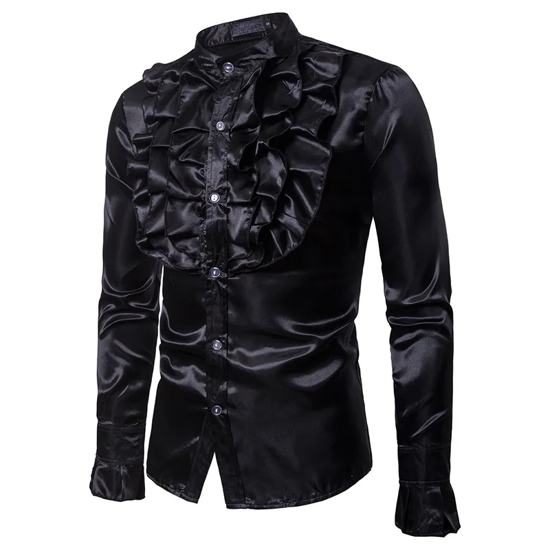 

Black Men Satin Shirt Victorian Ruffled Blouse Vintage Long Sleeve Wedding Tuxedo Shirt Button Slim Fit Party Costume