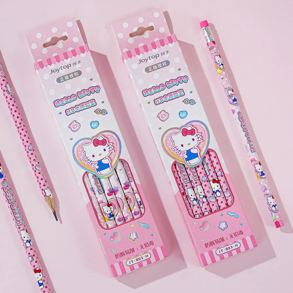 Conjunto de Lápis Sanrio Hello Kitty Kuromi em Caixa com 12 Peças, Material de Escritório para Estudantes, Lápis HB para Desenho e Esboço, Material de Papelaria de Madeira para Meninas