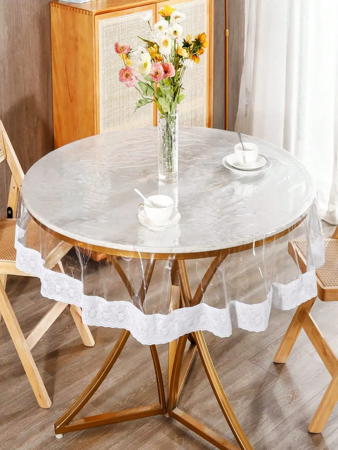 

Transparent pvc tablecloth lace round waterproof oil drain easy to clean 1 pc