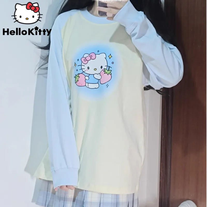 Sanrio Hello Kitty Graphic Long Sleeve Shirt Kawaii Lolita 2000s Clothes Y2k Oversized Women Blouse Harajuku Shirt Girls Tops