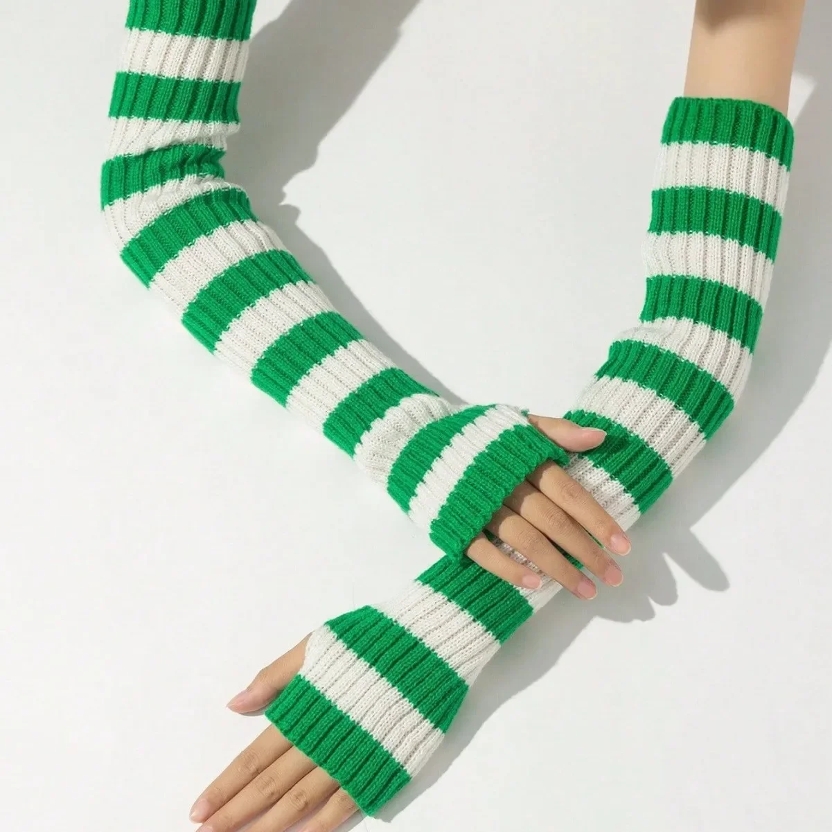 

50 см модный полосатый вязаный чехол с открытыми пальцами, толстый полосатый чехол на руку, средние длинные перчатки с половиной пальца