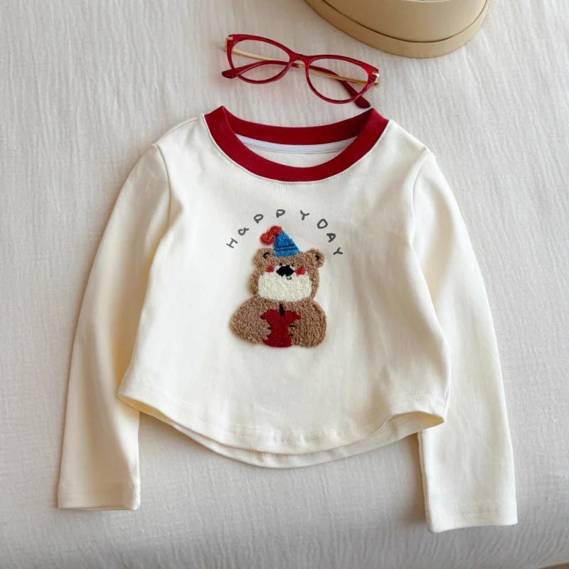 

Princess Girls Cartoon Bear T-Shirt Tops for Children's Autumn Clothing 2025 New Baby Kids Long-sleeve Cotton Bottoming Shirt