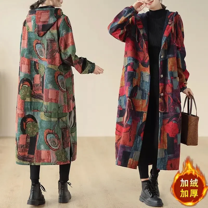 with Print, Loose Long Hooded Thickened Outerwear for Warm Fashion Z4140 Winter Cotton Jacket, Fleece-Lined Windbreaker Coat