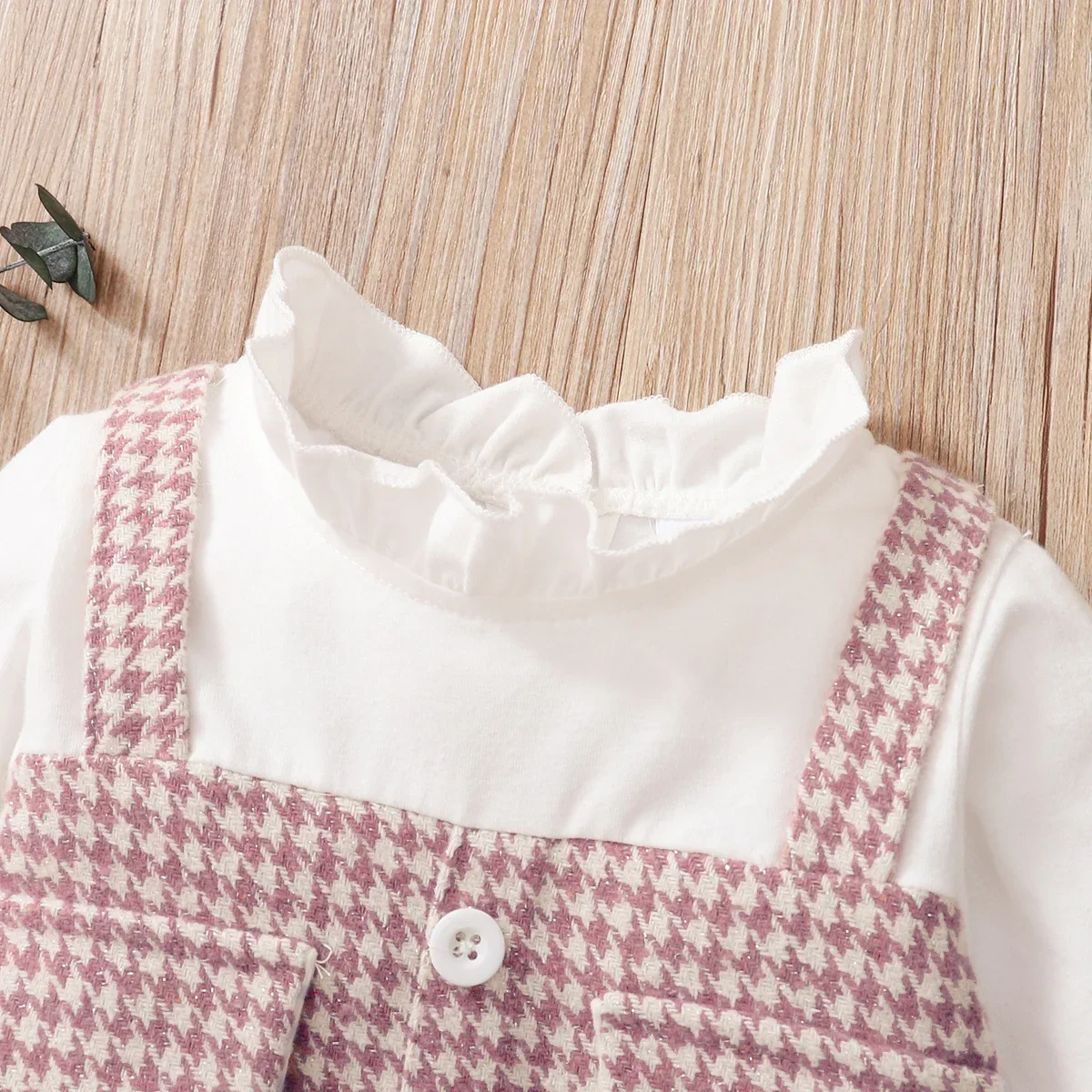 PatPat Frilly Collar Long-sleeve Splicing Pink Baby Faux-two Houndstooth Dress Perfect for Outings and Daily Wear