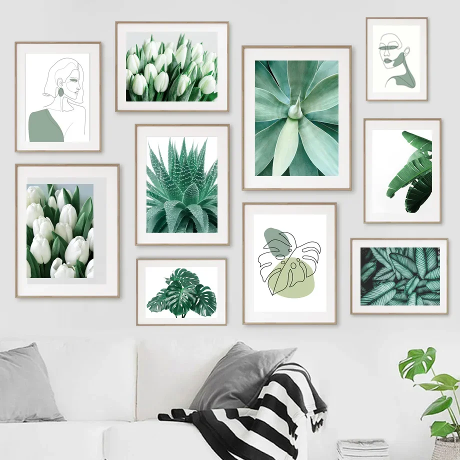 Large-sized 1pc frameless Canvas Painting Sage Green Botanical Wall Art Mural Canvas Prints Minimalist Line Art Tropical Plant P