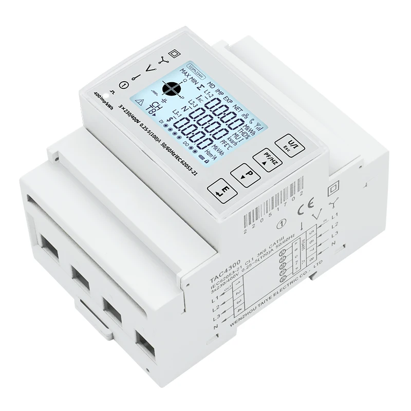 Bi-Directional Three-Phase Smart Modbus RS485 Multi-Function Din Rail Energy Meter 45~65Hz Class 1 999999.99Kwh