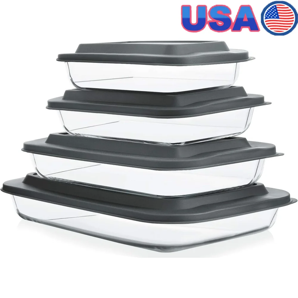 

8-Piece Glass Baking Dish Set with Lids Microwave Oven Safe Borosilicate Bakeware Casserole Containers Stackable Non-Stick