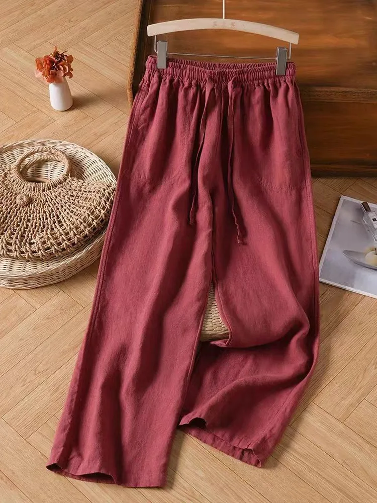 

Хлопково-льняные широкие повседневные брюки, женские летние повседневные брюки с эластичной резинкой на талии и поясом, простые льняные свободные повседневные брюки, тонкие