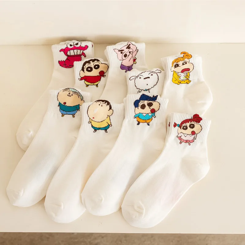 

9pcs/set Kawaii Cute Crayon ShinChans Socks Cotton Mid Length Socks College Style Sports Leisure Socks Cute Girl Birthday Gift