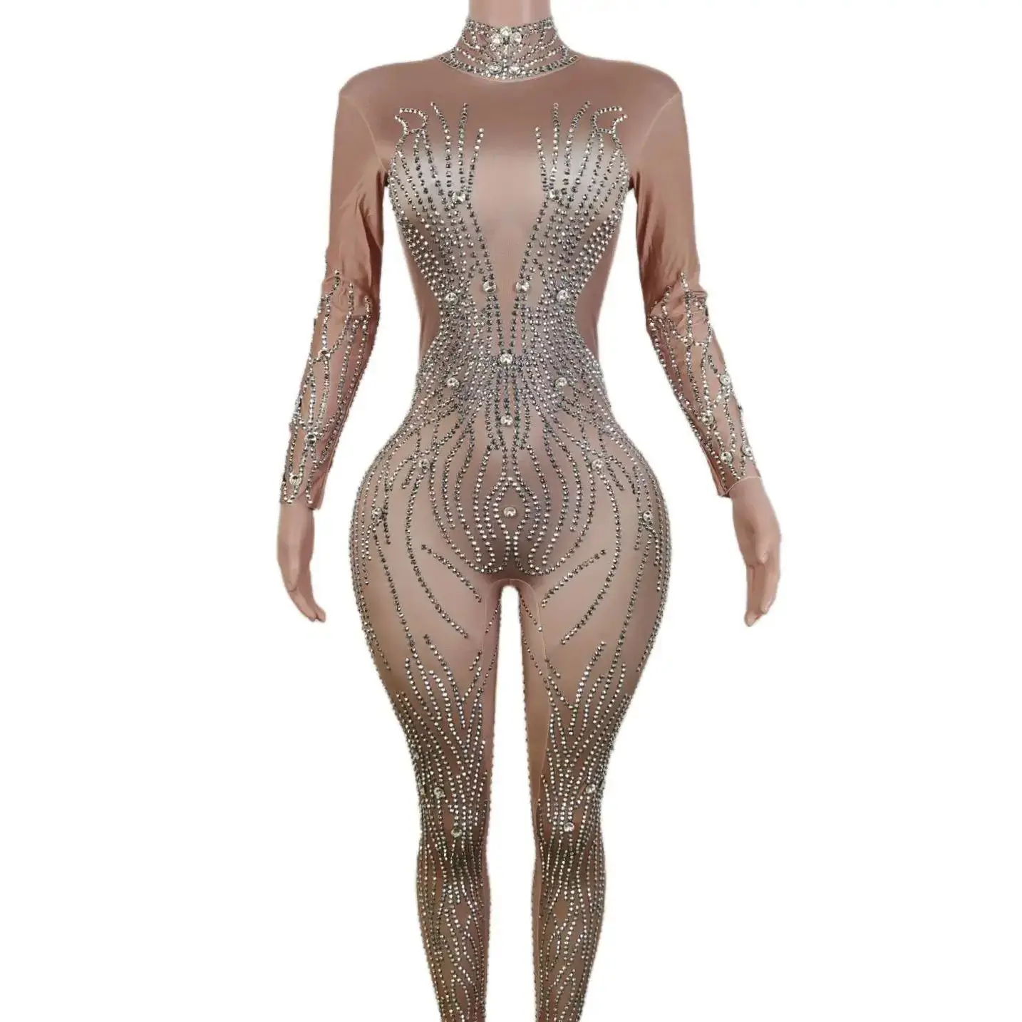 

Women Bodycon Spandex Jumpsuit Silver Sparkly Rhinestones Performance Tight Fitting Jumpsuit Dance Stage Performance Sexy Wear