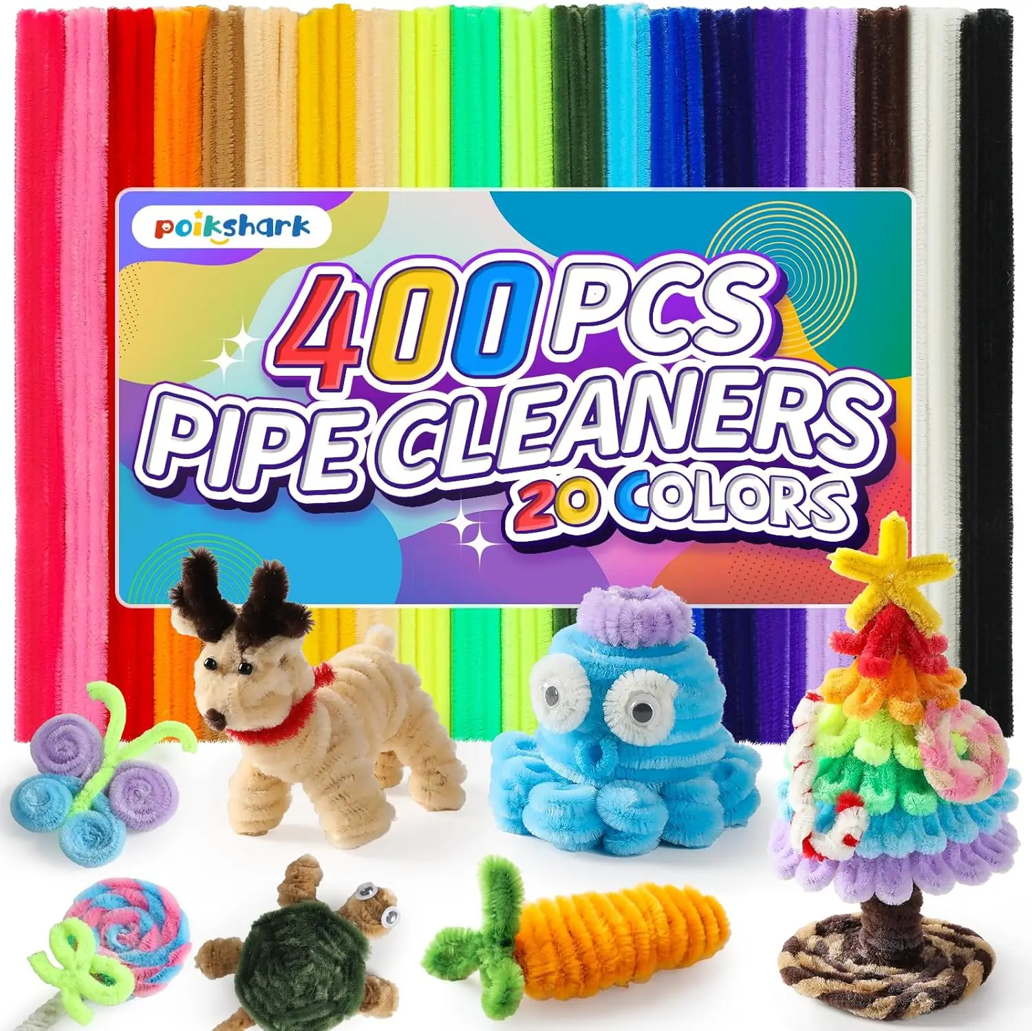 

400 PCS 20 Colors Thick Pipe Cleaners Craft, Multi-Colored Chenille Stems for Craft Supplies & Materials, Fuzzy Pipe Cleaner