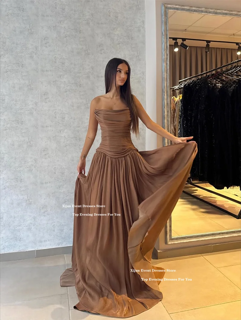 Xijun Elegant Brown A-Line Evening Dresses Sleeveless Chiffon Formal Prom Dresses Floor Length Dubai Prom Gowns Women Customized