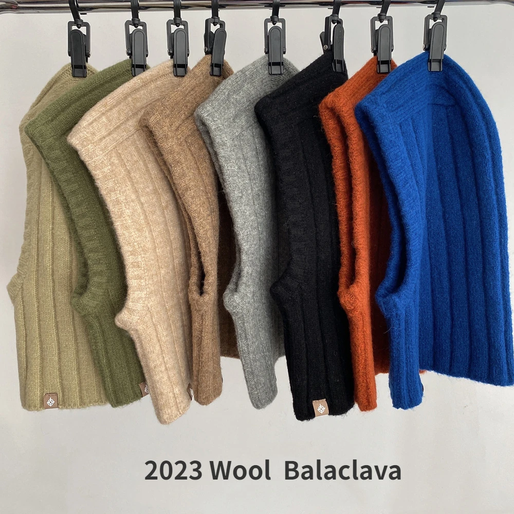 2023 Korea Wool Balaclava Winter Hat for Women Men Unisex Knitted Hooded Caps Outdoor Warmer One-Piece Neck Collar Beanies Cap