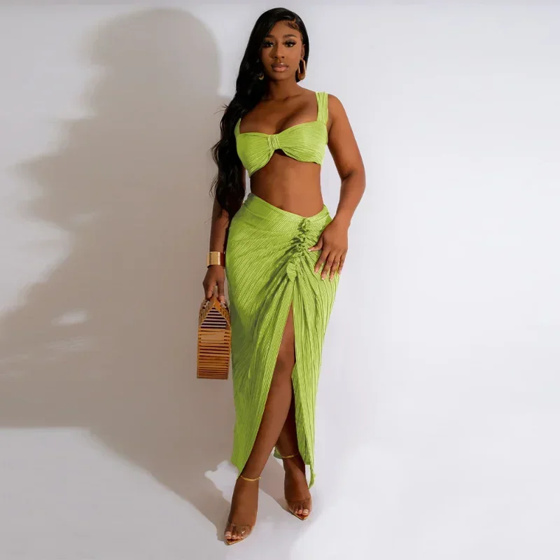 

GUWU Beach Women 2 Piece Set Outfits Pleated Summer Crop Top and Midi Ruffles Draped High Side Split Maxi Long Skirt Set