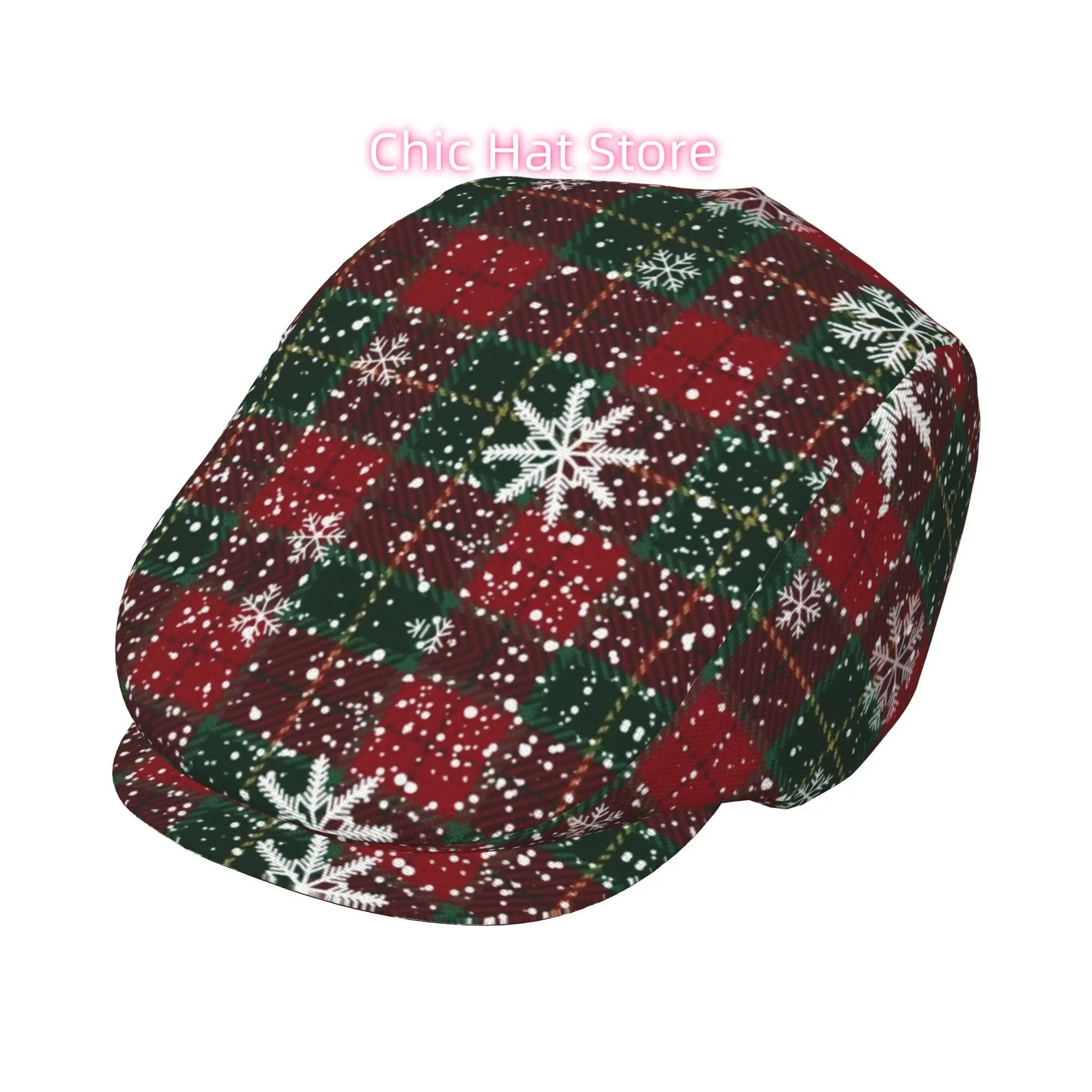 1pc Red and Green Checkered Christmas All-over Print Flat-top Hats for Men and Women, Newsboy Caps, Berets, Irish Hats, Driver C