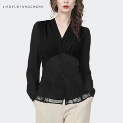 2024 Spring New Long Sleeve Black Chiffon Blouse V-Neck Bottoming Shirt Slim Cinched Waist Lace Spliced Fashion Office Lady Tops
