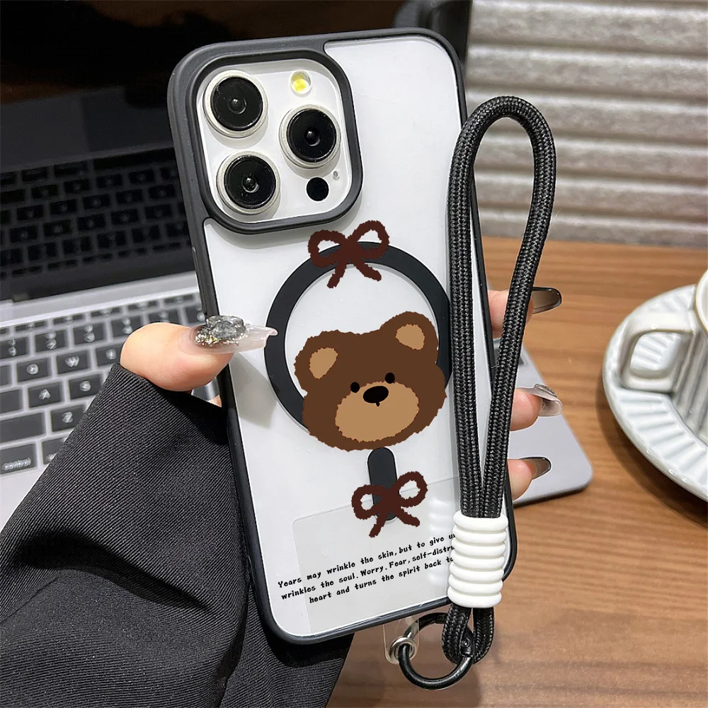 Luxuriöse Lanyard-Magnet-Telefonhülle für iPhone 17 Pro 16 Pro Max 13 11 15 14 12 17promax, stoßfeste Acryl-Mattschnitt-Bärenabdeckung