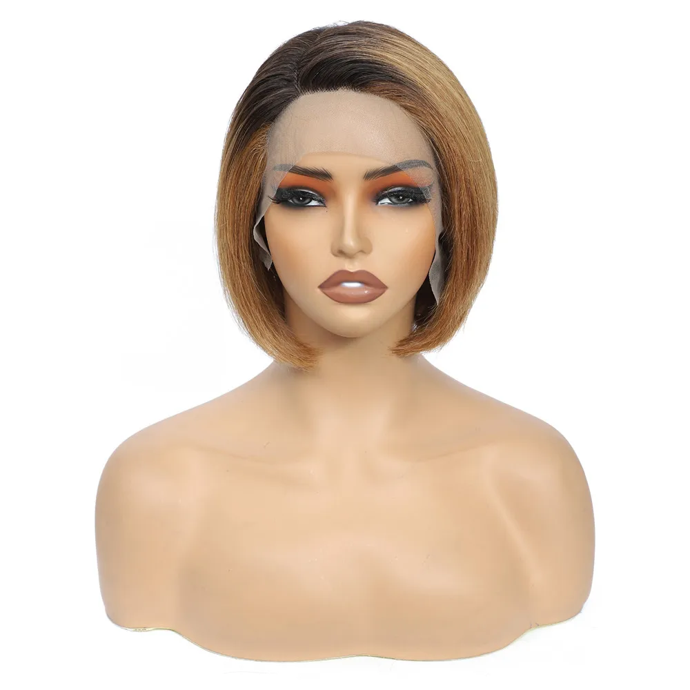 

T Front Lace Pixie Cut Human Hair Wigs For Women Color Brown Pixie Cut Wig 180% Omber Brown Straight Human Hair Wigs HairUGo