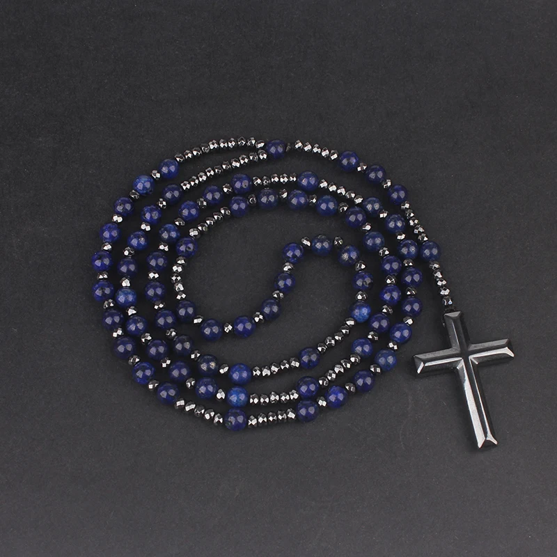 6mm Natural Stone Black Obsidian Tiger-eye Lapis Lazuli Round Beads Long Necklace with Cross Pendant for Men and Women