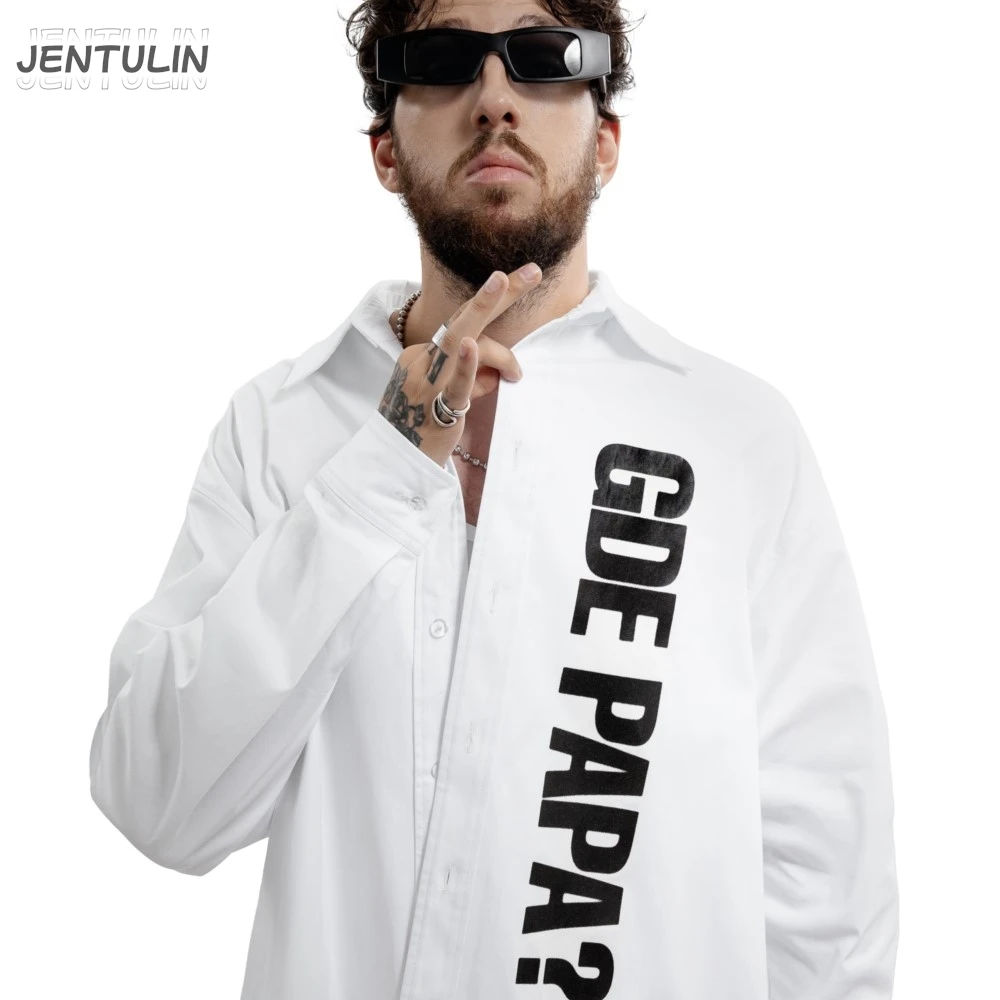 

Hip Hop Streetwear Men Button Shirt Oversized Korean Long Sleeve GDE PAPA Graphic Print Y2k Top Harajuku Goth Aesthetic Clothing