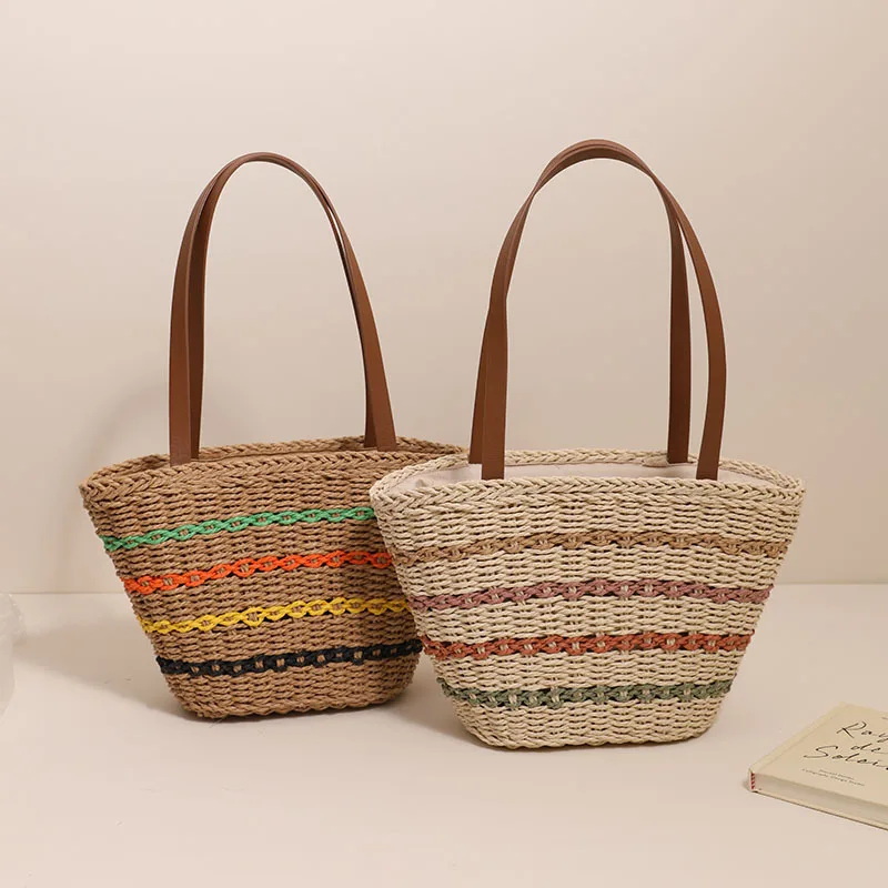 Bohemia Straw Woven Tote Bag Mulheres Praia Crossbody Bag De Emenda De Couro Pu Lady Casual Grande Capacidade Designer De Luxo Bolsa