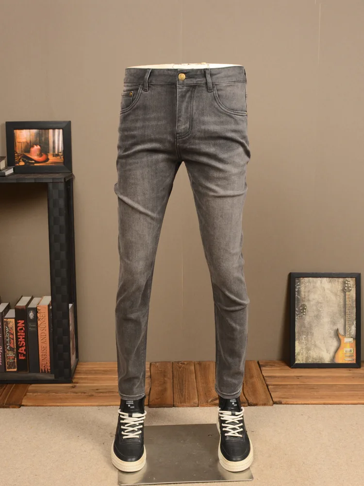 

Retro Distressed Gray Jeans Stretch Slim Fit Skinny Advanced Casual Trend Simple Classic Office Pants for Men