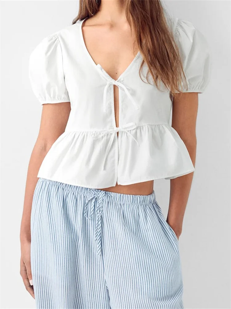 

Футболка CHRONSTYLE женская с V-образным вырезом, Свободный Повседневный Топ с коротким рукавом-фонариком, с завязкой спереди, с оборками на подоле, уличная одежда, лето 2024