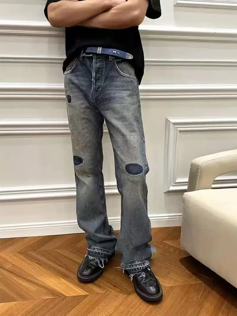 

Мужские винтажные джинсы из денима с эффектом потертости, с заплатками и дырками, с эффектом потертости, повседневные, свободного кроя, прямые штанины, средняя посадка, на молнии
